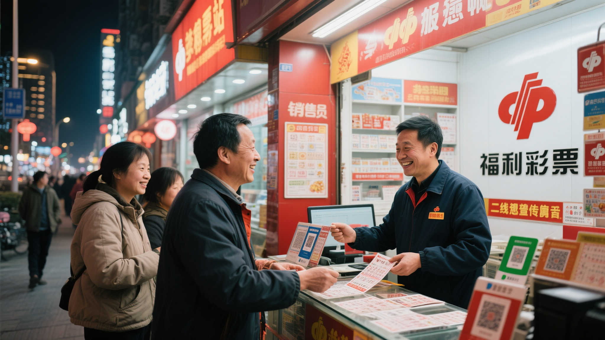 在灯火通明的城市街头，遍布着一家家福利彩
